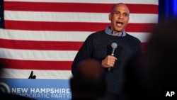 FILE - Sen. Cory Booker, D-N.J., speaks at a post-midterm election victory celebration in Manchester, N.H.