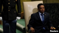 Le président des Seychelles, Danny Faure, lors de la 72e Assemblée générale des Nations unies, New York, 21 septembre 2017.