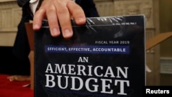 Copies of the President Trump's FY 2019 budget proposal are delivered to the U.S. House Budget Committee offices on Capitol Hill in Washington, Feb. 12, 2018. 
