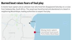FILE—A wrecked boat on a beach in Mozambique has authorities wondering what became of its captain and the man who hired him for a cruise from a South African port on Saturday. 