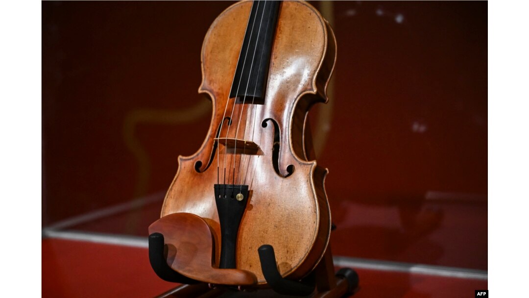 The Joachim-Ma Stradivarius violin sits on display during a preview of the violin's auction at Sotheby’s in New York, Feb. 3, 2025.