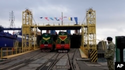 FILE - A new port facility for the railway link that connects China and Europe is opened in the Black Sea port of Illichivsk in Odessa region, Ukraine, Jan. 15, 2016.