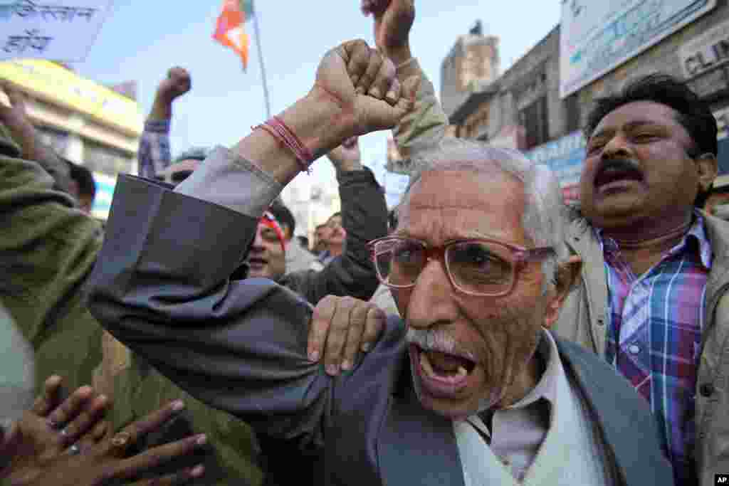 Activists of India&rsquo;s main opposition Bharatiya Janata Party shout slogans during a protest against Pakistan in Jammu, India. India has formally complained about an attack on an Indian army patrol in the disputed Himalayan region of Kashmir that killed two soldiers.