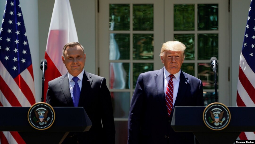U.S. President Donald Trump and Poland's President Andrzej Duda attend a joint news conference in Washington in June 2019.