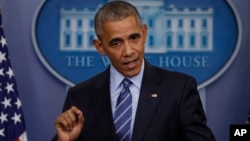 FILE - President Barack Obama speaks during a news conference in the briefing room of the White House in Washington, Dec. 16, 2016. 