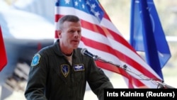 Lithiania -- U.S. Air Forces in Europe Commander Tod Wolters speaks during NATO Baltic air policing mission takeover ceremony in Siauliai, August 30, 2017