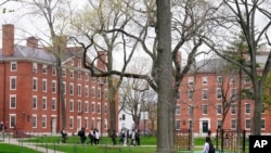 Des étudiants traversent Harvard Yard, le 27 avril 2022, sur le campus de l'Université Harvard à Cambridge, Massachussetts.