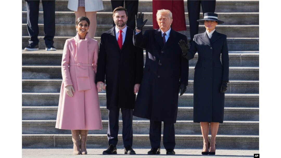 Second lady Usha Vance, left, Vice President JD Vance, second from left, President Donald Trump, second from right, and first lady Melania Trump are seen at the U.S. Capitol in Washington, Jan. 20, 2025.
