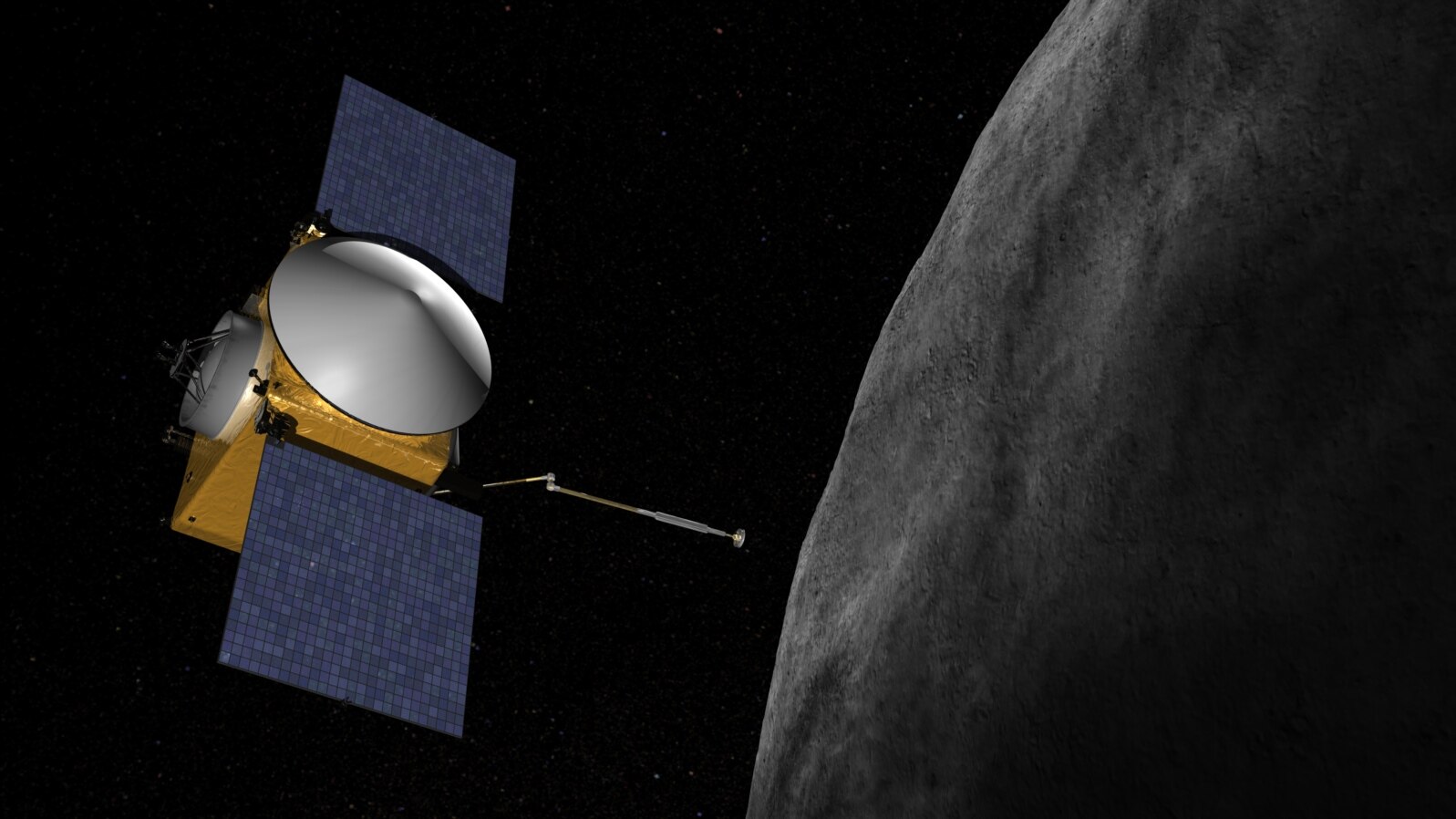 Artist concept of OSIRIS-REx. The OSIRIS-REx spacecraft is to launch in 2016, reach asteroid (101955) 1999 RQ36 in 2019, examine it up close during a 505-day rendezvous, then return at least 60 grams of it to Earth in 2023. (Credit: NASA/Goddard/University