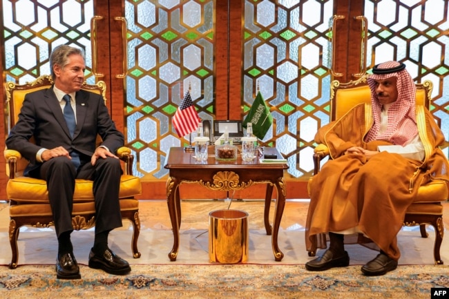 US Secretary of State Antony Blinken meets with Saudi Arabia's Foreign Minister Prince Faisal bin Farhan in Riyadh, Oct. 23, 2024.