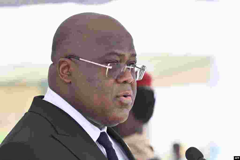 Le pr&#233;sident congolais Felix Tshisekedi donne un discours aux fun&#233;railles d&#39;&#201;tat du d&#233;funt pr&#233;sident tchadien Idriss Deby Itno, &#224; N&#39;Djamena, le 23 avril 2021.