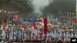 Anti-abortion activists march towards the U.S. Supreme Court, during the March for Life in Washington, Jan. 18, 2019.