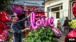 A balloon spelling out "LOVE" is added to a plant at an Egyptian flower shop. (H. Elrasam/VOA)