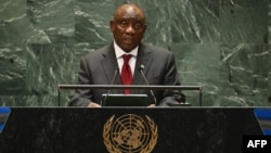 President of South Africa Cyril Ramaphosa speaks during the "Summit of the Future" on the sidelines of the UN General Assembly at the United Nations Headquarters in New York, September 22, 2024. (Photo by ANGELA WEISS / AFP)