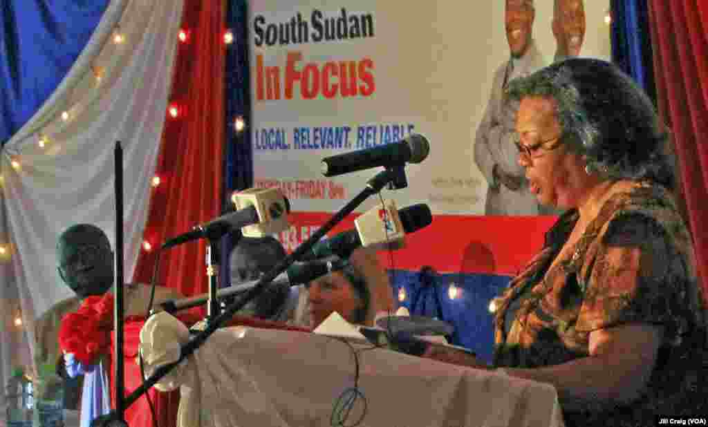 &nbsp;We ask them to extend their service deep inside South Sudan, to other areas. - Koni Mirage of Juba on the launch of 24/7 Voice of America programming on 93.5 FM in the South Sudanese capital U.S. Ambassador to South Sudan Susan Page speaks at the launch of the Voice of America transmitter in Juba on Thursday, March 21, 2013. (VOA/Jill Craig)