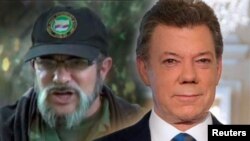 Presiden Kolombia Juan Manuel Santos (kanan) dan pemimpin pemberontak FARC yang dikenal sebagai Timoshenko.