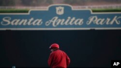 FILE - An outrider waits by the track as horses train at Santa Anita Park in Arcadia, Calif., Oct. 29, 2014.