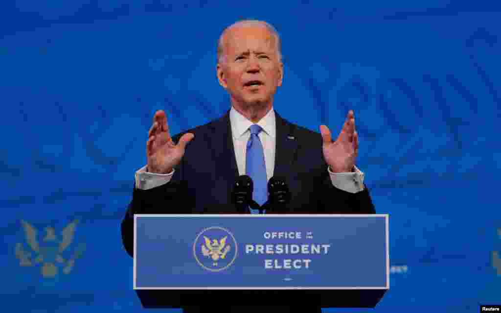 AQShda sayovchilar kollegiyasi Jo Bayden g'alabasini muhrlagandan so'ng bo'lajak prezident nutq so'zlamoqda. Delaver shtati, 14-dekabr, 2020.
