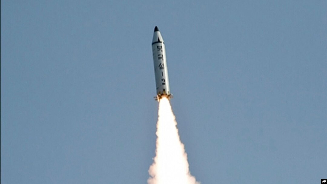 FILE - An image made from video of a news bulletin aired by North Korea's KRT on May 22, 2017, shows what was said to be the test-launch of a Pukguksong-2 missile at an undisclosed location in North Korea. 