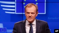 European Council President Donald Tusk speaks during a media conference on Brexit at the Europa building in Brussels, March 20, 2019.