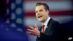 FILE - Then-Representative Matt Gaetz speaks during the Conservative Political Action Conference at the National Harbor, in Oxon Hill, Maryland, Feb. 23, 2024.