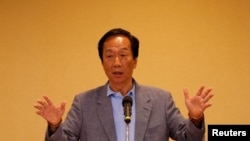 FILE - Foxconn Technology Group founder and chairman, Terry Gou, speaks during a news conference in Taipei, Taiwan, May 6, 2019. 