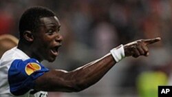 Club Brugge's Joseph Akpala, from Nigeria, celebrates after scoring the equalizer goal against Sporting Braga during their Europa League group H soccer match at the Municipal Stadium, Braga, Portugal.