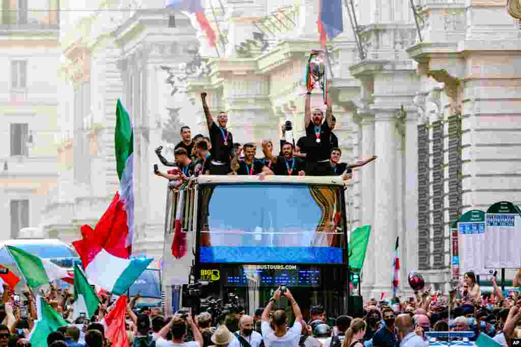 Italy’s players celebrate in Rome, their victory of the Euro 2020 soccer championships in a final played at Wembley stadium in London on Sunday. Italy beat England 3-2 in a penalty shootout after a 1-1 draw.