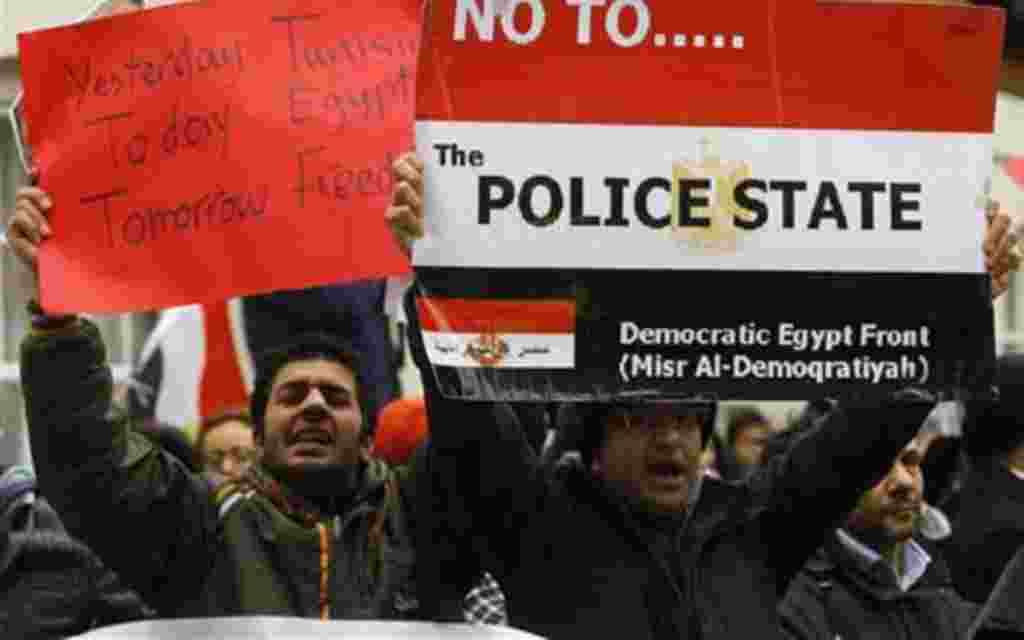 Demonstrators protest outside the Egyptian embassy in London, Saturday, Jan. 29, 2011. After years of simmering discontent in Egypt, where protests are generally limited, Egyptians were emboldened to take to the streets by the uprising in Tunisia - anothe
