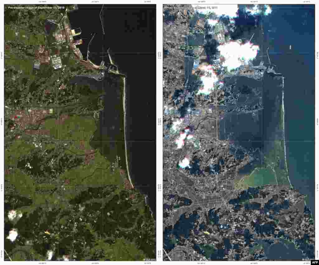 Снимки спутниковых изображений осуществленных Германским аэрокосмическим центром. Берег Японии до и после цунами