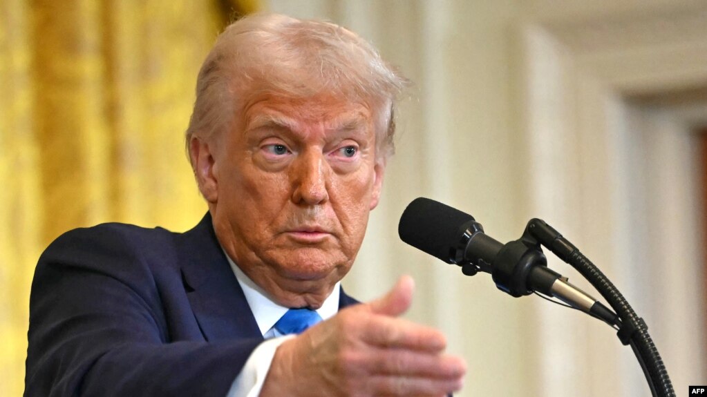 US President Donald Trump speaks during a press conference with unseen Israel's Prime Minister Benjamin Netanyahu in the East Room of the White House in Washington, DC, on February 4, 2025. (Photo by ANDREW CABALLERO-REYNOLDS / AFP)