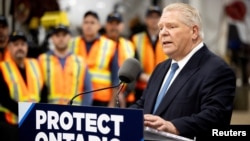 FILE - Ontario Premier Doug Ford speaks during a campaign stop at Walker Construction in Niagara Falls, Ontario, Jan. 31, 2025.