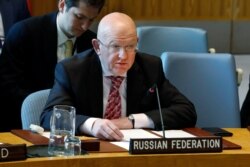 Russia's Ambassador Vasily Nebenzya speaks in the Security Council, at United Nations headquarters, April 29, 2019.