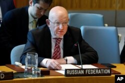Russia's Ambassador Vasily Nebenzya speaks in the Security Council, at United Nations headquarters, April 29, 2019.