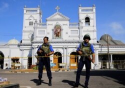 Sri Lankan Navy soldiers stand guard in front of the St. Anthony's Shrine a day after the series of blasts, in Colombo, Sri Lanka, April 22, 2019.