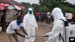 FILE - Health workers wash their hands after taking a blood specimen from a child to test for the Ebola virus in a area were a 17-year old boy died from the virus on the outskirts of Monrovia, Liberia. 