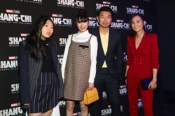 From left, Awkwafina, Meng'er Zhang, Simu Liu and Fala Chen arrive at a screening of 'Shang-Chi and The Legend of The Ten Rings' at Regal Union Square, Aug. 30, 2021, in New York.