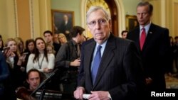 Senate Majority Leader Mitch McConnell (R-KY) speaks after a Republican policy lunch on Capitol Hill in Washington, Jan. 29, 2019. 