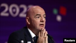FILE: FIFA President Gianni Infantino at a press conference in Doha, Qatar. Infantino just gained his third term as FIFA president, running unopposed. Taken Nov. 19, 2022