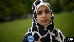 Sarah Attia, wife of Khaled al-Qazzaz, who served as foreign policy advisor to ousted Egyptian President Mohamed Morsi, on August 25, 2014, at the United Nations offices in Geneva. 