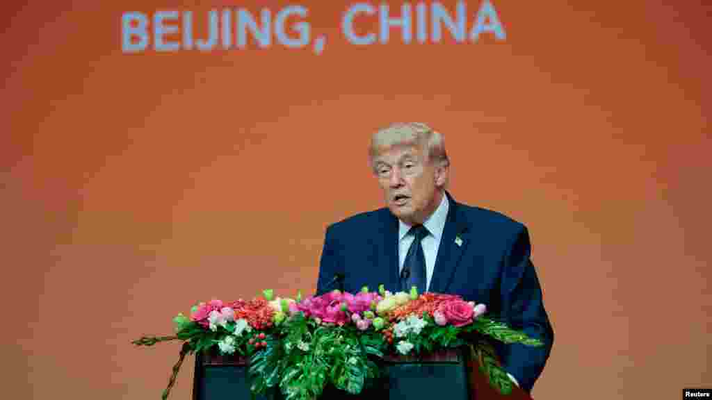 美国总统特朗普出席中国国家主席习近平为他举行的招待国宴并发表讲话。(2026年5月14日)
