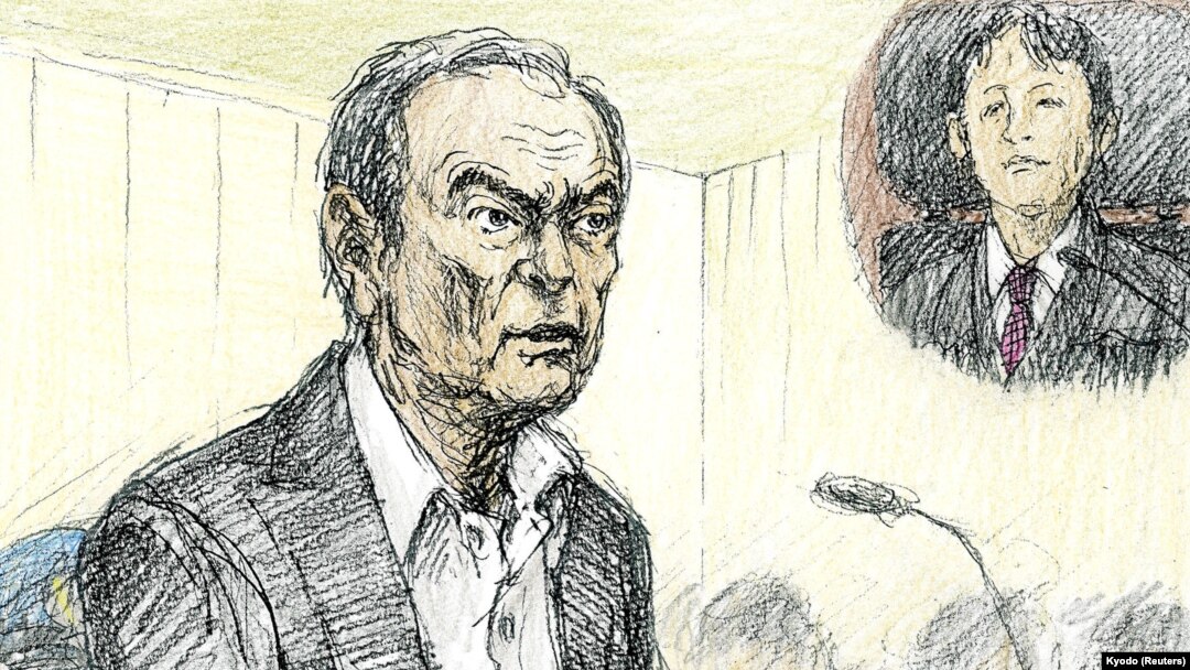 Sketsa pengadilan yang dibuat oleh Nobutoshi Katsuyama ini menunjukkan pemimpin Nissan Motor Co Ltd yang digulingkan, Carlos Ghosn dalam sidang terbuka di Pengadilan Distrik Tokyo di Jepang, 8 Januari 2019.