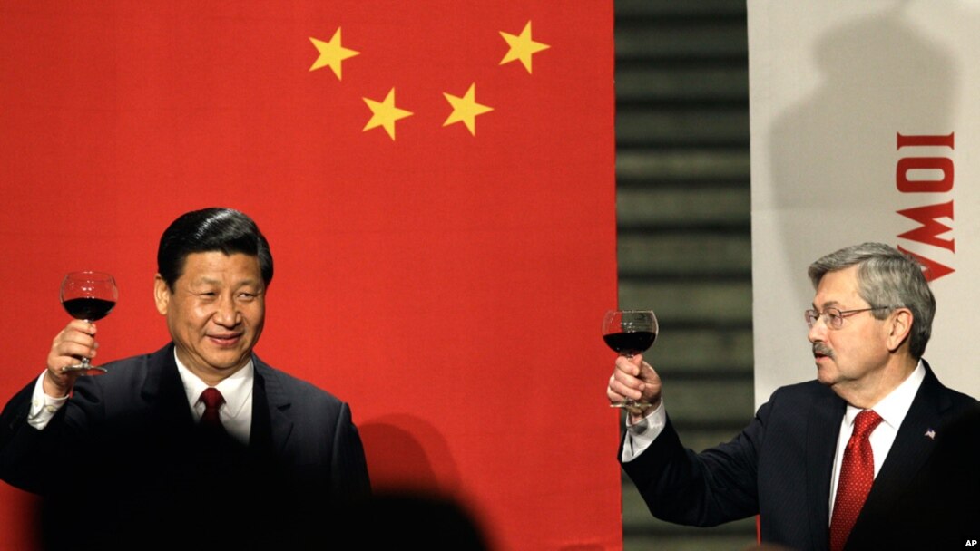 El entonces vicepresidente chino, Xi Jinping, (izquierda) y el gobernador de Iowa, Terry Branstad, brindaron durante una cena formal el 15 de febrero, de 2012, en Des Moines, Iowa. 