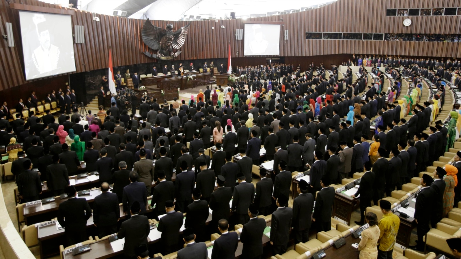 FILE - New members of Indonesia's parliament gather to be sworn in during their inauguration at the parliament building in Jakarta, Indonesia, Oct. 1, 2014. 