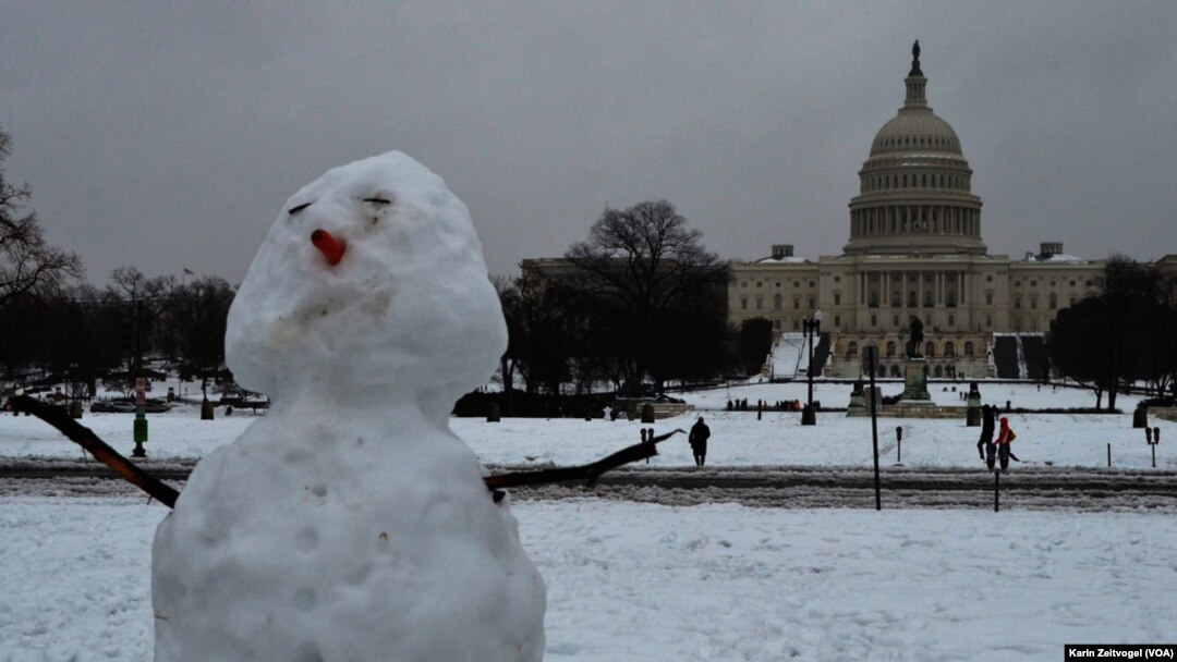 Sebuah orang-orangan salju (snowman) tampak menghiasi pelataran National Mall, Washington, D.C., tepatnya di sisi barat gedung Capitol, pasca badai salju (13/2).