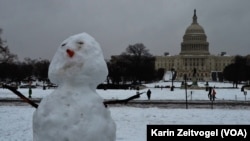 Sebuah orang-orangan salju (snowman) tampak menghiasi pelataran National Mall, Washington, D.C., tepatnya di sisi barat gedung Capitol, pasca badai salju (13/2).