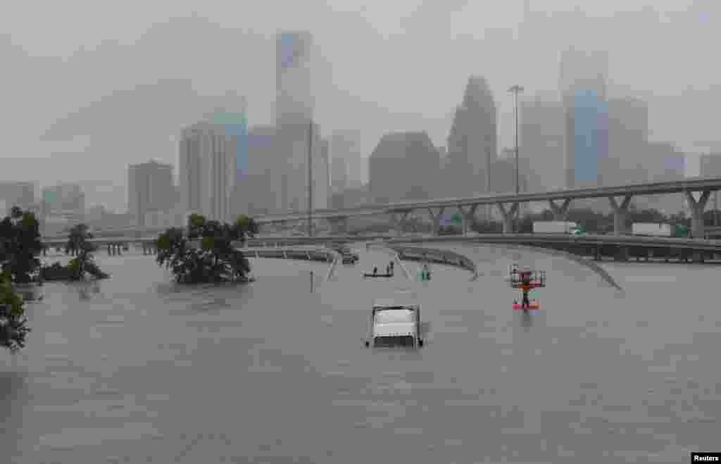 Interstate highway 45 is submerged from the effects of Hurricane Harvey seen during widespread flooding in Houston, Texas, Aug. 27, 2017. 