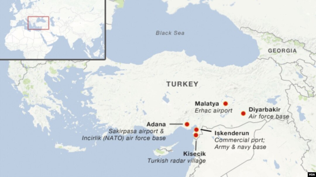 NATO menetapkan tiga pangkalan untuk menempatkan rudal patriot di Turki, yang telah disurvey oleh tim pendahuluan awal Desember lalu (Gambar peta lokasi rudal patriot NATO)