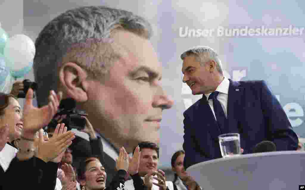 Austrian Chancellor Karl Nehammer of the People&#39;s Party attends his final election rally in Vienna, Austria.