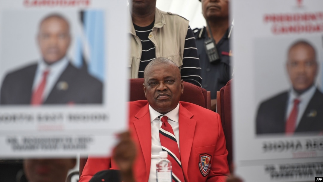 FILE - Botswana's President Mokgweetsi Eric Keabetswe Masisi looks on as he is re-elected president of the Botswana Democratic Party (BDP) during an extraordinary congress on April 5, 2019, in Kang, Botswana.